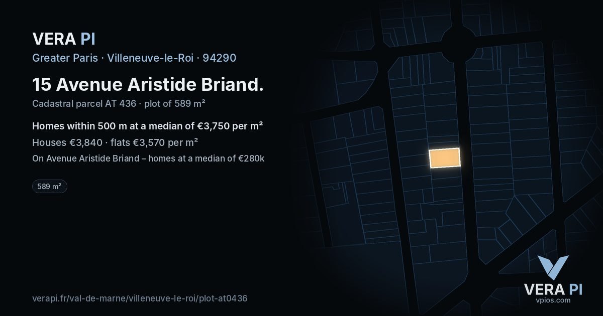 15 Avenue Aristide Briand, Villeneuve-le-Roi at night – the plot lit, the parcels around coloured by the prices near them