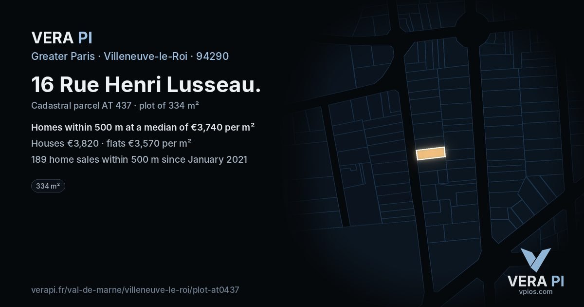 16 Rue Henri Lusseau, Villeneuve-le-Roi at night – the plot lit, the parcels around coloured by the prices near them