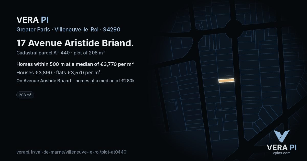 17 Avenue Aristide Briand, Villeneuve-le-Roi at night – the plot lit, the parcels around coloured by the prices near them