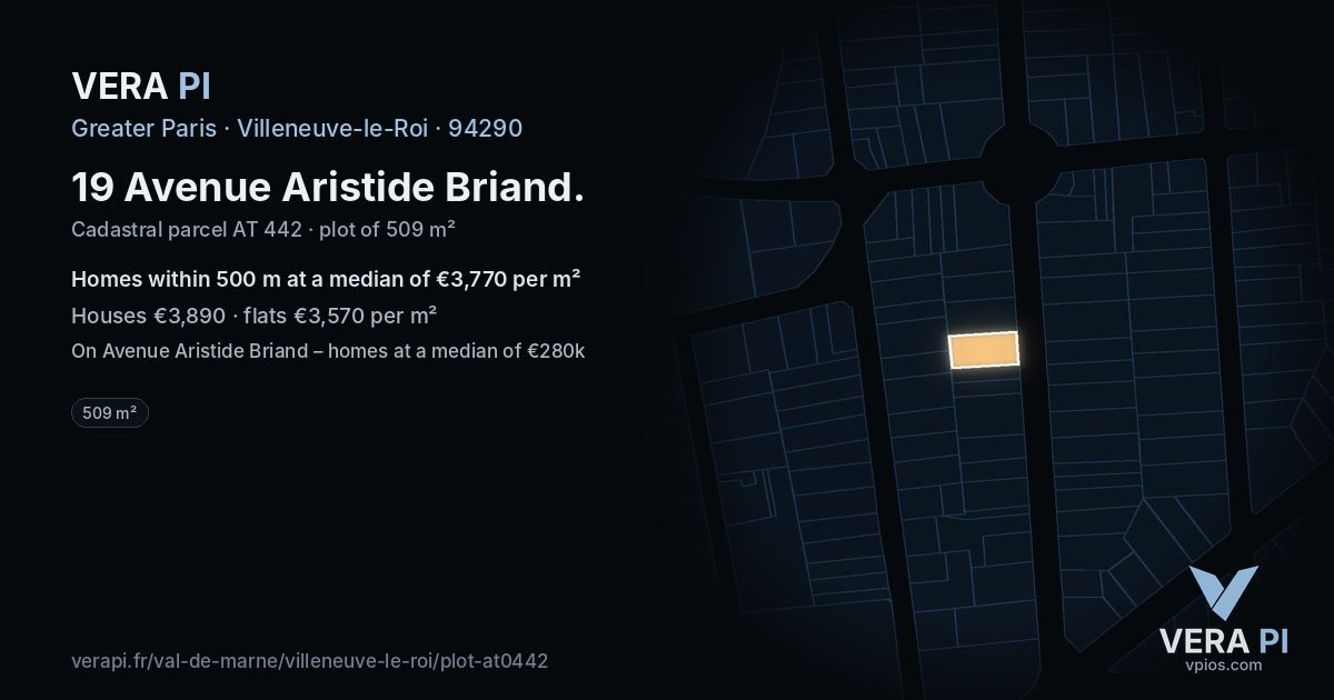 19 Avenue Aristide Briand, Villeneuve-le-Roi at night – the plot lit, the parcels around coloured by the prices near them