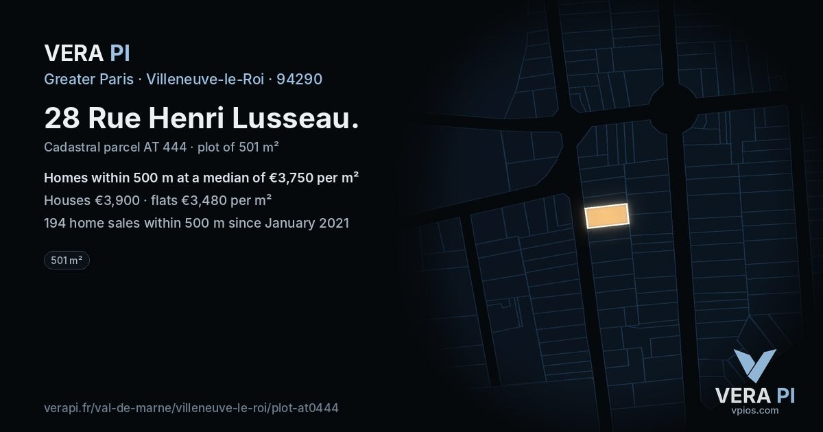 28 Rue Henri Lusseau, Villeneuve-le-Roi at night – the plot lit, the parcels around coloured by the prices near them