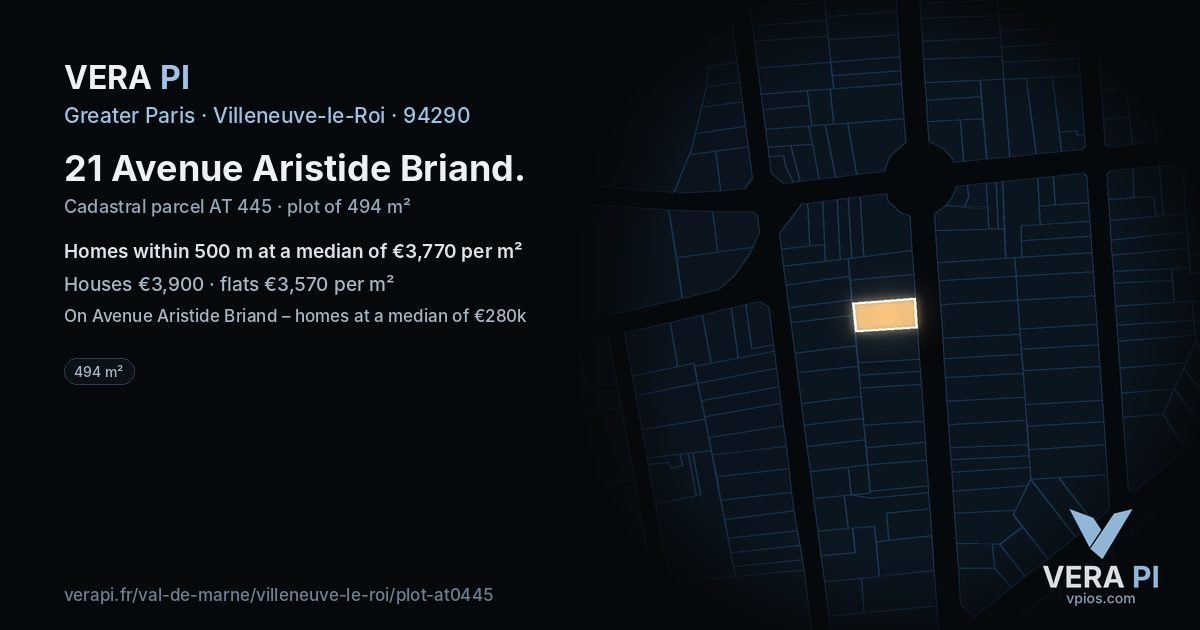 21 Avenue Aristide Briand, Villeneuve-le-Roi at night – the plot lit, the parcels around coloured by the prices near them