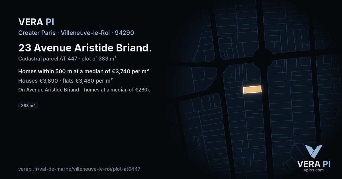 23 Avenue Aristide Briand, Villeneuve-le-Roi at night – the plot lit, the parcels around coloured by the prices near them