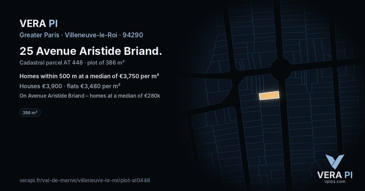 25 Avenue Aristide Briand, Villeneuve-le-Roi at night – the plot lit, the parcels around coloured by the prices near them