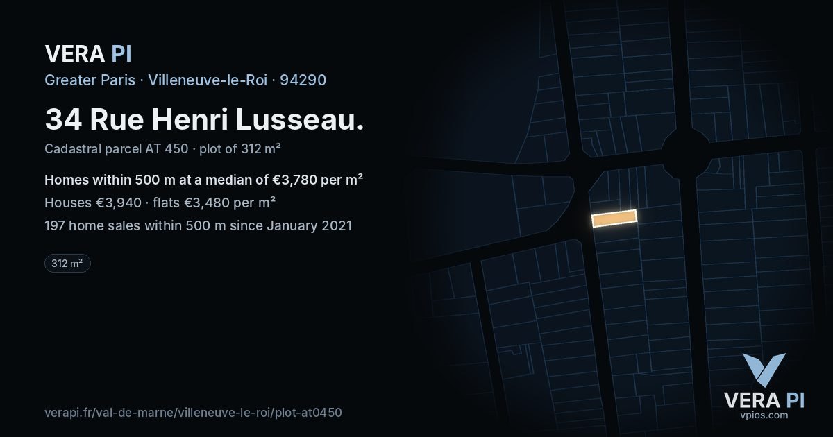 34 Rue Henri Lusseau, Villeneuve-le-Roi at night – the plot lit, the parcels around coloured by the prices near them