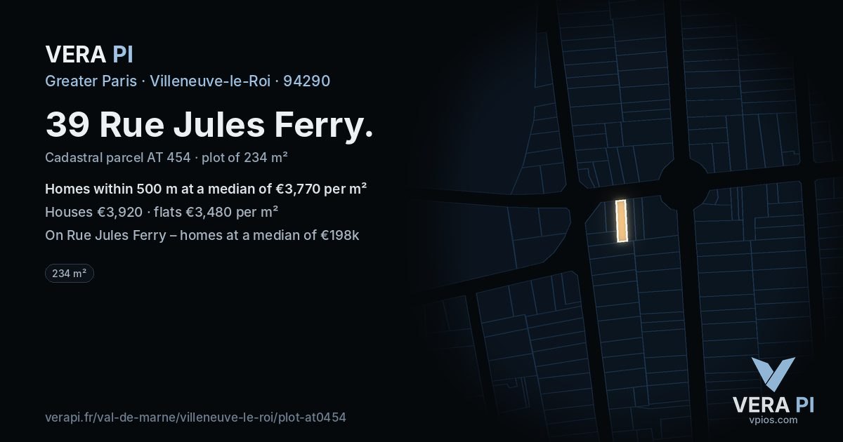 39 Rue Jules Ferry, Villeneuve-le-Roi at night – the plot lit, the parcels around coloured by the prices near them