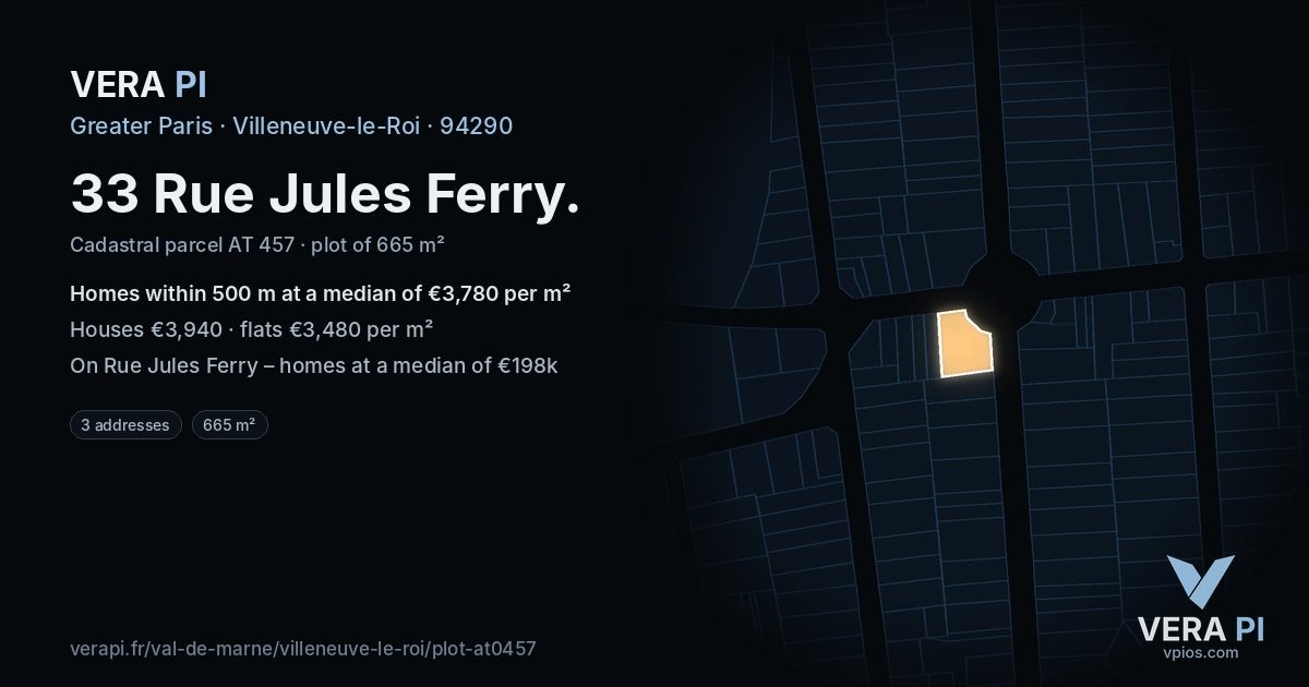 33 Rue Jules Ferry, Villeneuve-le-Roi at night – the plot lit, the parcels around coloured by the prices near them