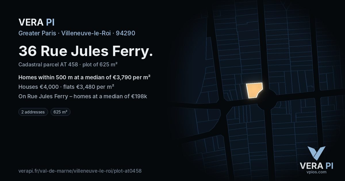 36 Rue Jules Ferry, Villeneuve-le-Roi at night – the plot lit, the parcels around coloured by the prices near them