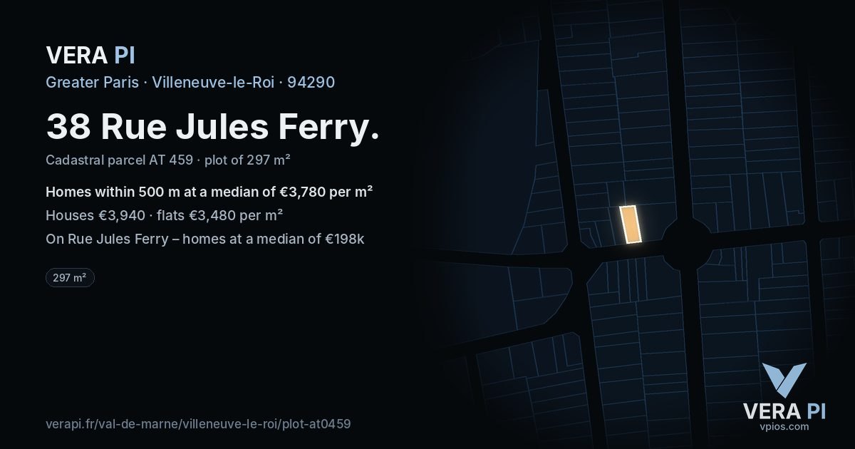 38 Rue Jules Ferry, Villeneuve-le-Roi at night – the plot lit, the parcels around coloured by the prices near them
