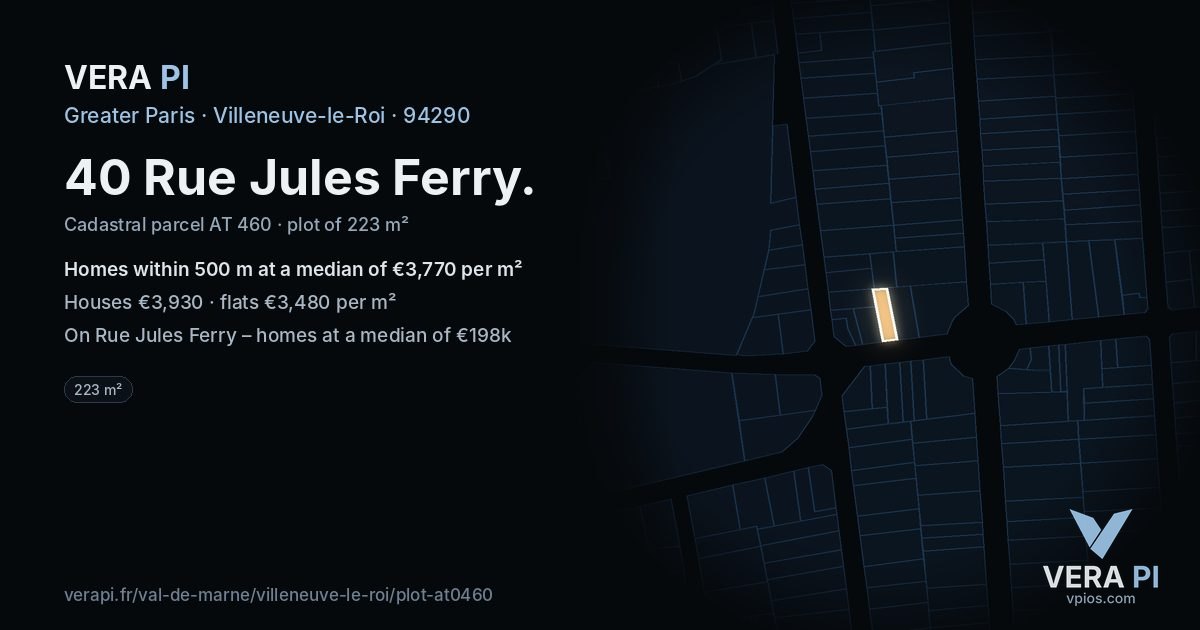 40 Rue Jules Ferry, Villeneuve-le-Roi at night – the plot lit, the parcels around coloured by the prices near them