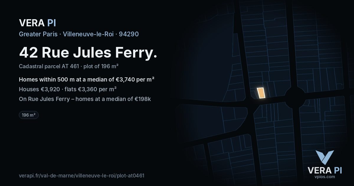 42 Rue Jules Ferry, Villeneuve-le-Roi at night – the plot lit, the parcels around coloured by the prices near them