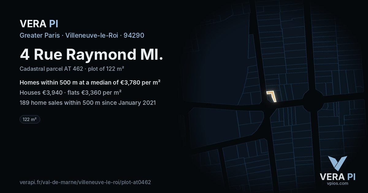 4 Rue Raymond Ml, Villeneuve-le-Roi at night – the plot lit, the parcels around coloured by the prices near them