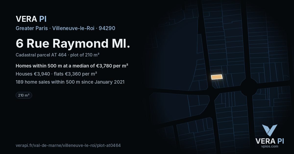 6 Rue Raymond Ml, Villeneuve-le-Roi at night – the plot lit, the parcels around coloured by the prices near them