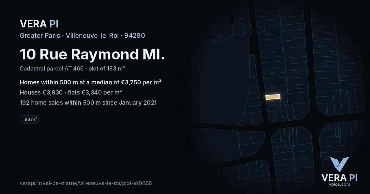 10 Rue Raymond Ml, Villeneuve-le-Roi at night – the plot lit, the parcels around coloured by the prices near them