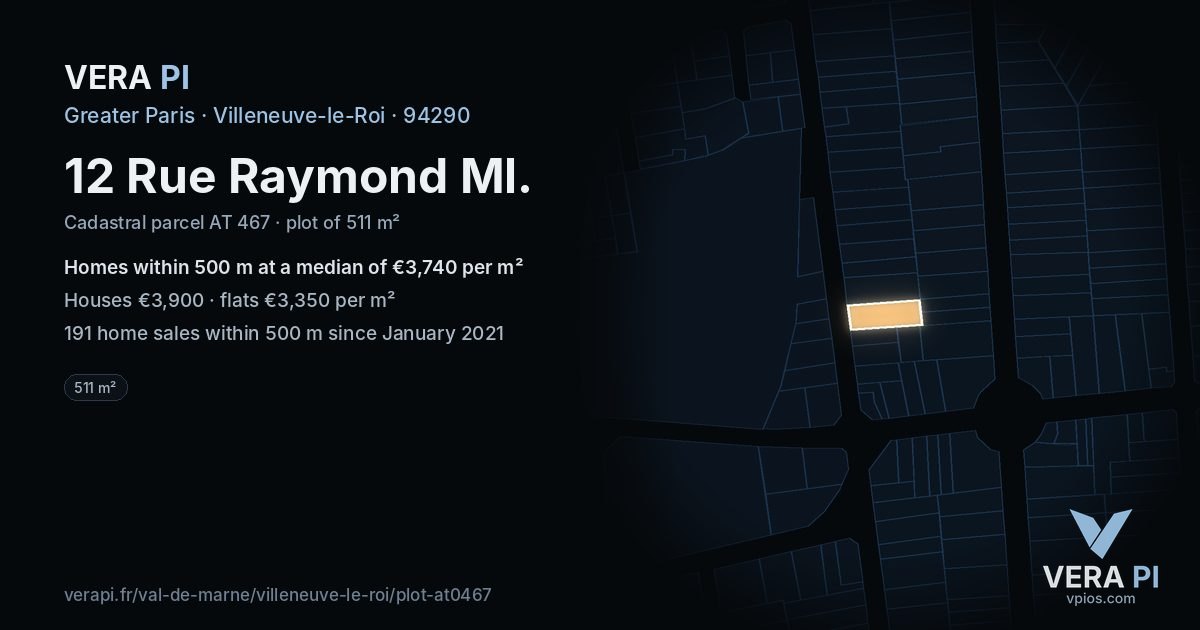 12 Rue Raymond Ml, Villeneuve-le-Roi at night – the plot lit, the parcels around coloured by the prices near them