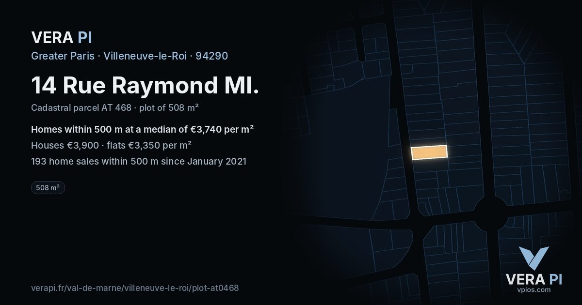 14 Rue Raymond Ml, Villeneuve-le-Roi at night – the plot lit, the parcels around coloured by the prices near them