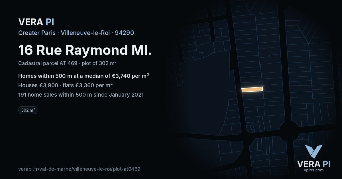 16 Rue Raymond Ml, Villeneuve-le-Roi at night – the plot lit, the parcels around coloured by the prices near them