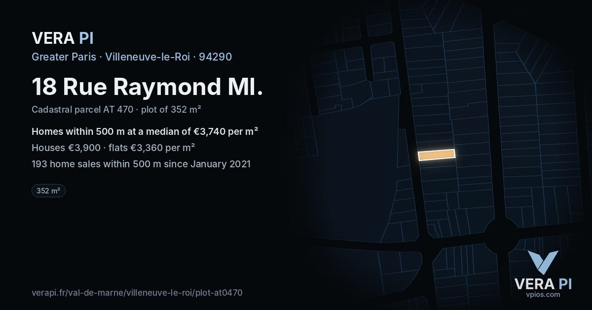 18 Rue Raymond Ml, Villeneuve-le-Roi at night – the plot lit, the parcels around coloured by the prices near them