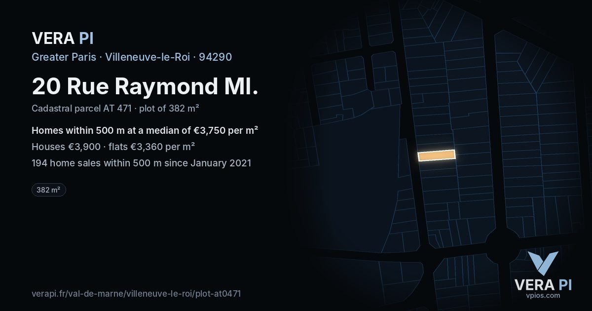 20 Rue Raymond Ml, Villeneuve-le-Roi at night – the plot lit, the parcels around coloured by the prices near them