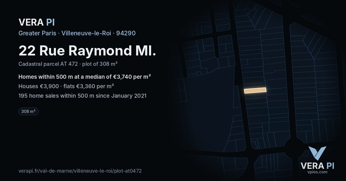 22 Rue Raymond Ml, Villeneuve-le-Roi at night – the plot lit, the parcels around coloured by the prices near them