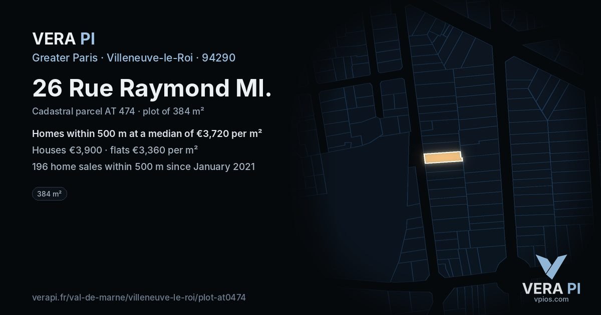 26 Rue Raymond Ml, Villeneuve-le-Roi at night – the plot lit, the parcels around coloured by the prices near them