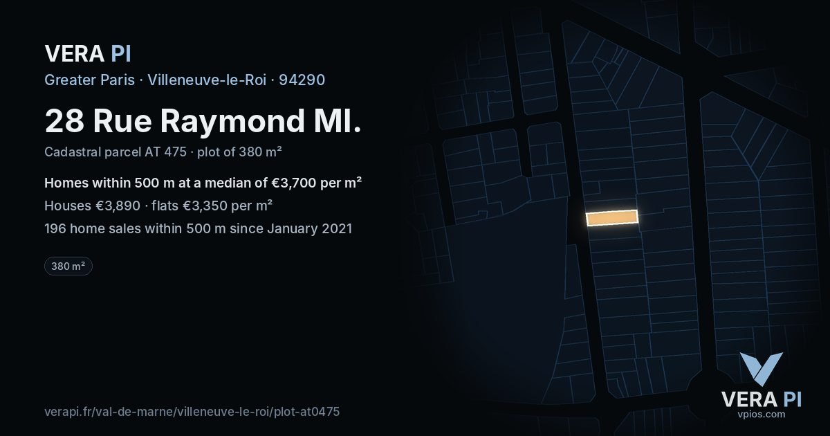 28 Rue Raymond Ml, Villeneuve-le-Roi at night – the plot lit, the parcels around coloured by the prices near them