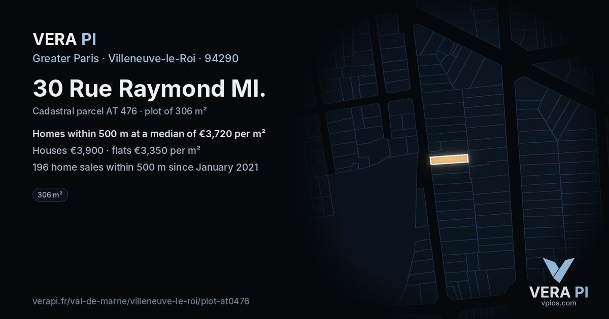 30 Rue Raymond Ml, Villeneuve-le-Roi at night – the plot lit, the parcels around coloured by the prices near them