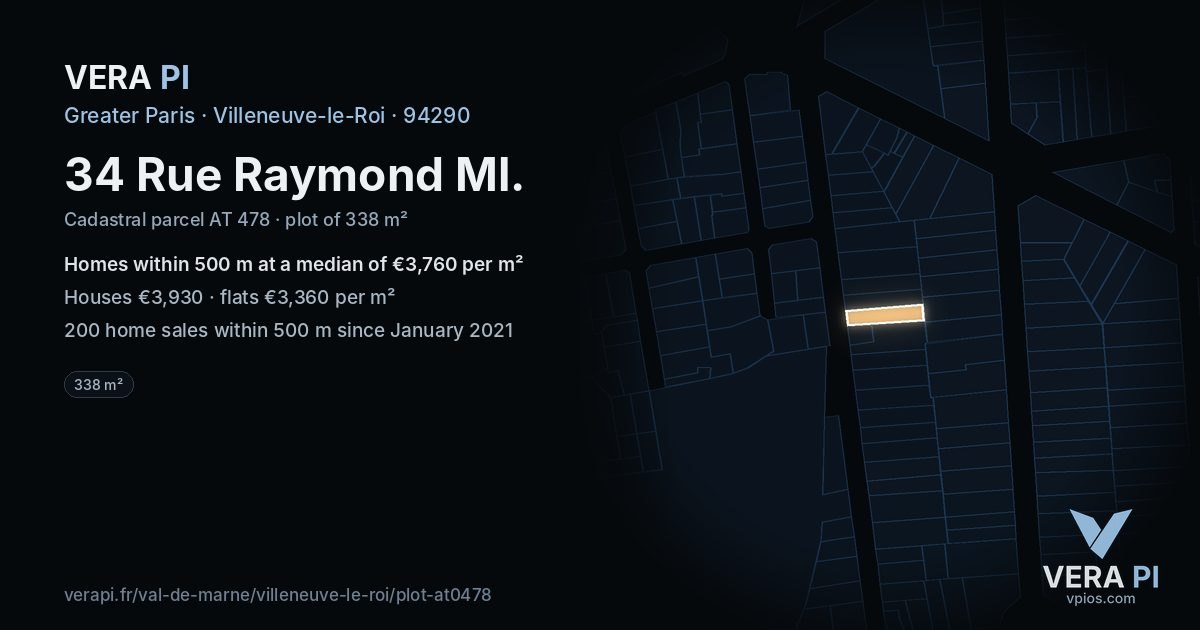 34 Rue Raymond Ml, Villeneuve-le-Roi at night – the plot lit, the parcels around coloured by the prices near them