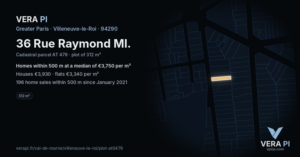 36 Rue Raymond Ml, Villeneuve-le-Roi at night – the plot lit, the parcels around coloured by the prices near them