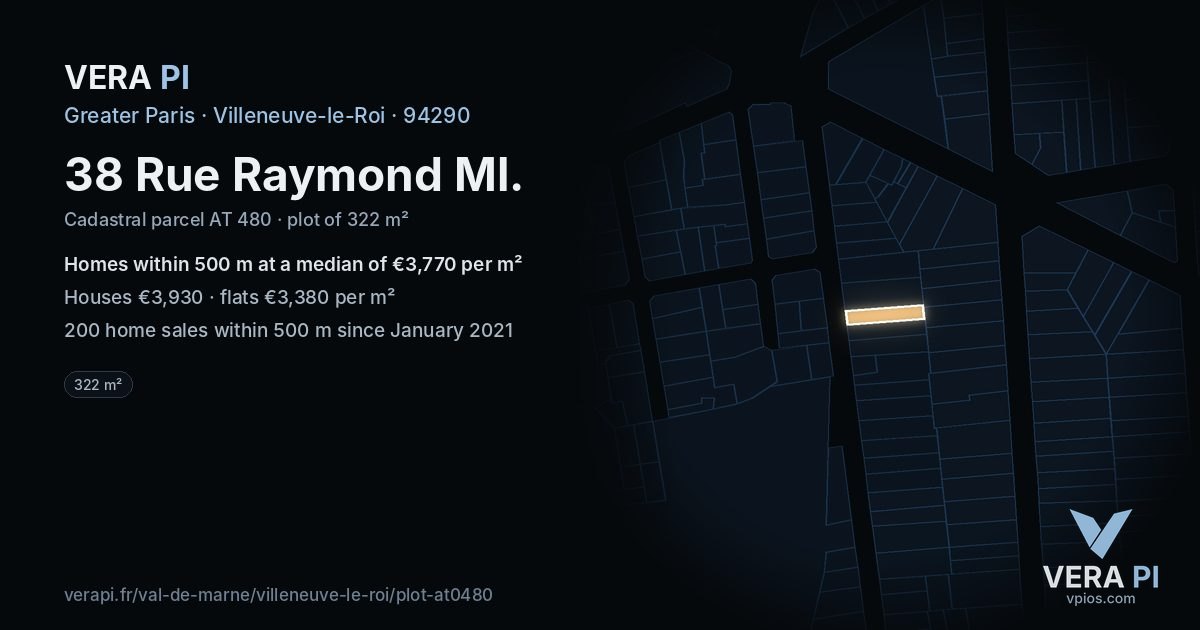 38 Rue Raymond Ml, Villeneuve-le-Roi at night – the plot lit, the parcels around coloured by the prices near them