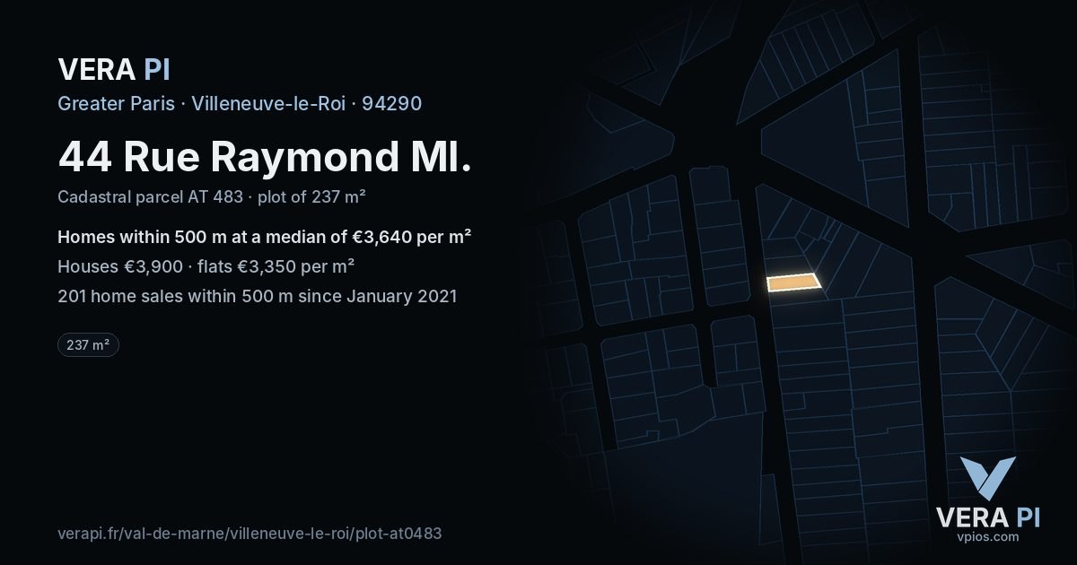 44 Rue Raymond Ml, Villeneuve-le-Roi at night – the plot lit, the parcels around coloured by the prices near them