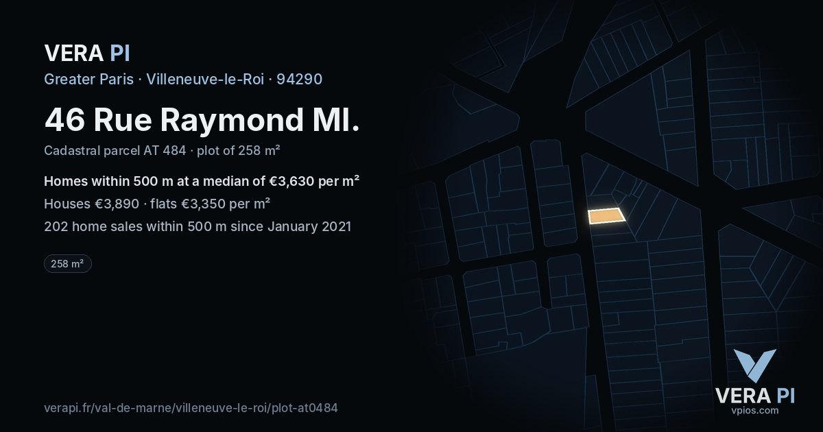 46 Rue Raymond Ml, Villeneuve-le-Roi at night – the plot lit, the parcels around coloured by the prices near them