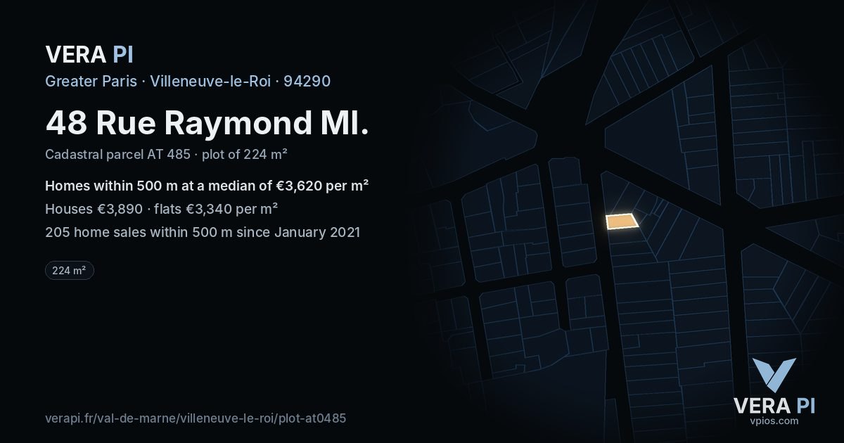 48 Rue Raymond Ml, Villeneuve-le-Roi at night – the plot lit, the parcels around coloured by the prices near them