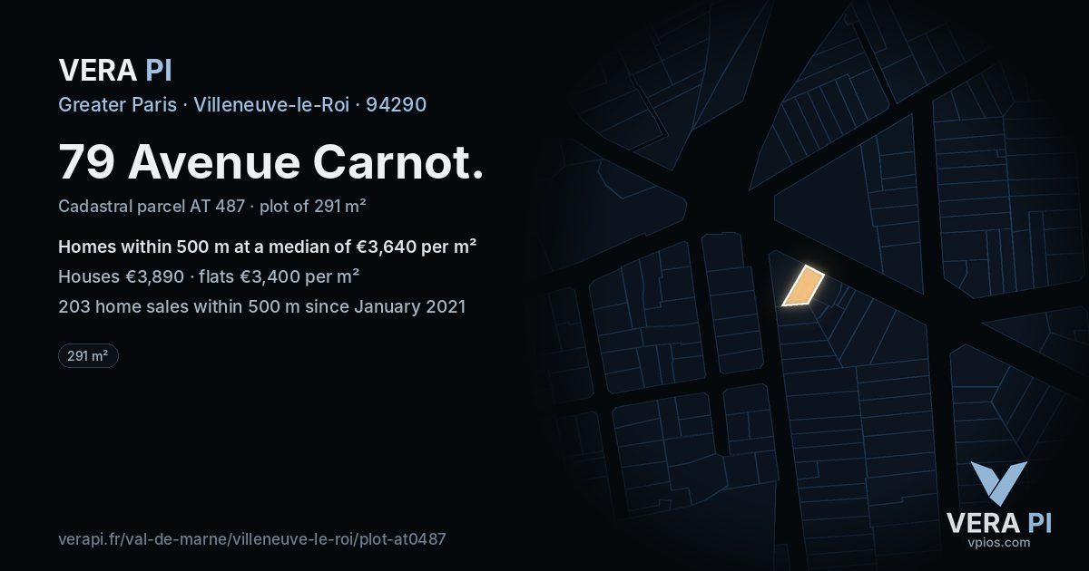 79 Avenue Carnot, Villeneuve-le-Roi at night – the plot lit, the parcels around coloured by the prices near them