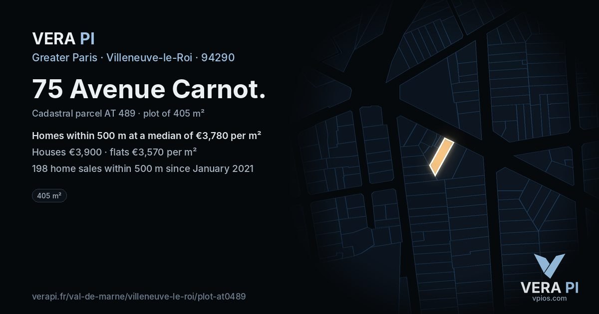 75 Avenue Carnot, Villeneuve-le-Roi at night – the plot lit, the parcels around coloured by the prices near them