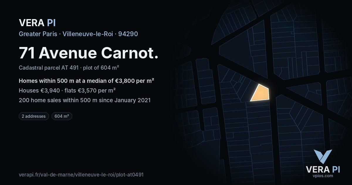 71 Avenue Carnot, Villeneuve-le-Roi at night – the plot lit, the parcels around coloured by the prices near them