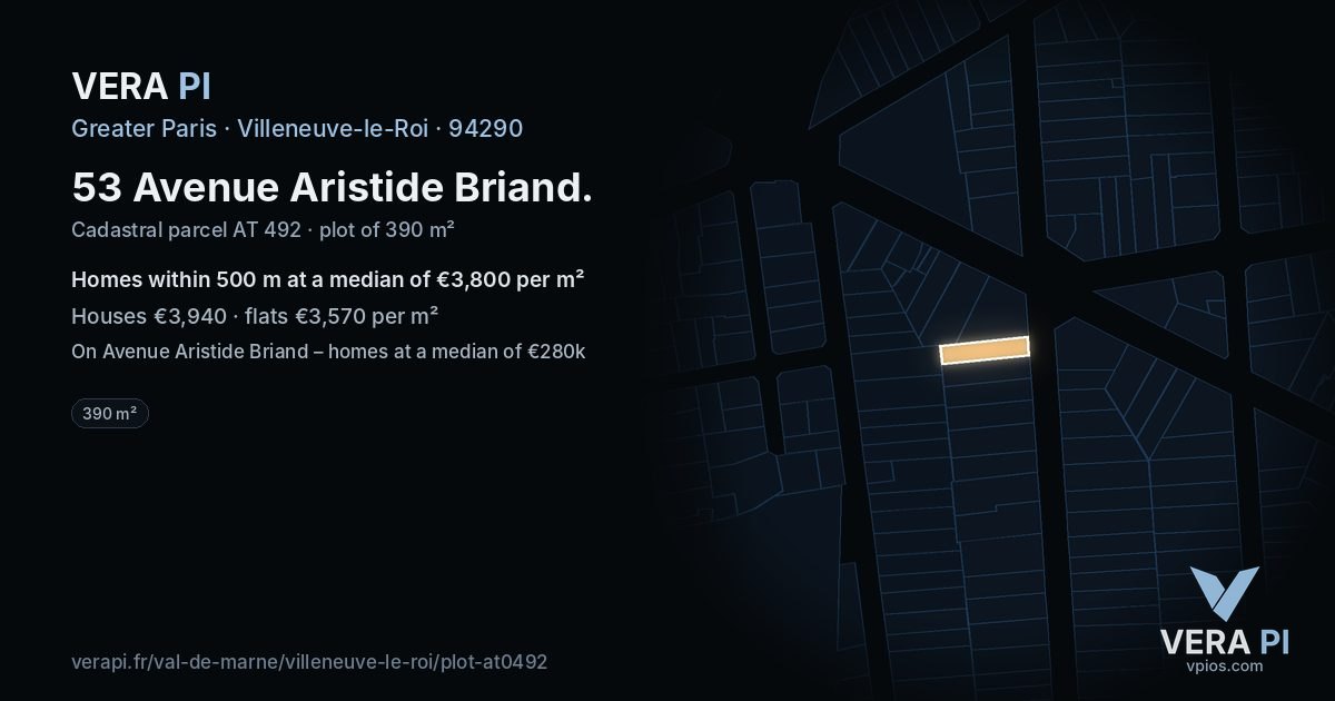 53 Avenue Aristide Briand, Villeneuve-le-Roi at night – the plot lit, the parcels around coloured by the prices near them