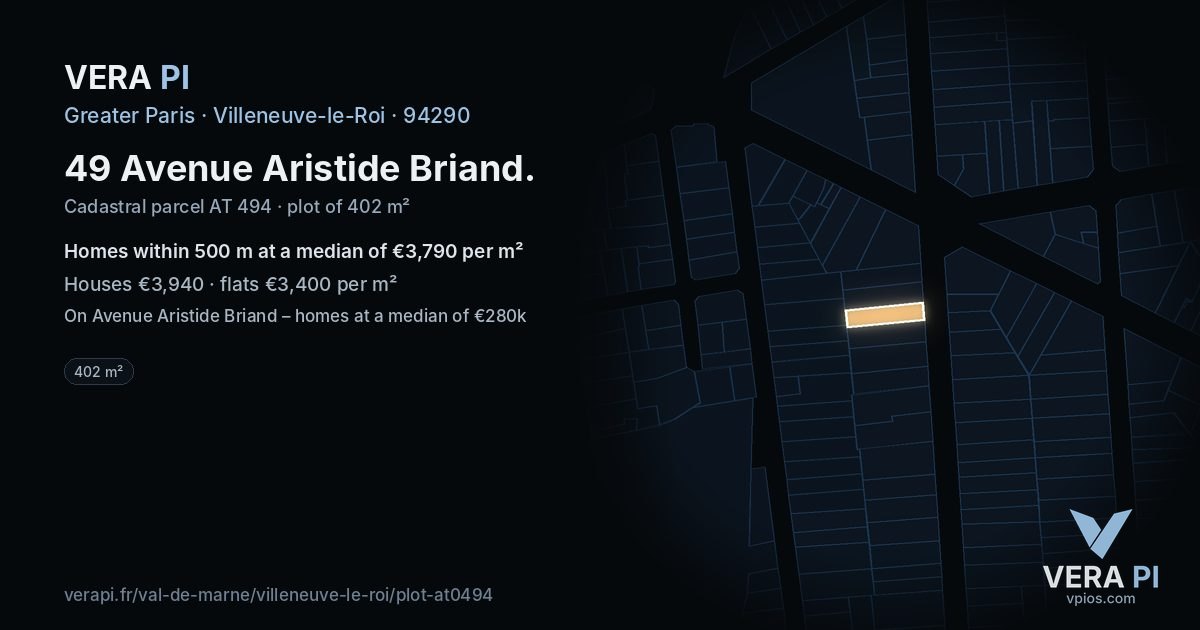 49 Avenue Aristide Briand, Villeneuve-le-Roi at night – the plot lit, the parcels around coloured by the prices near them
