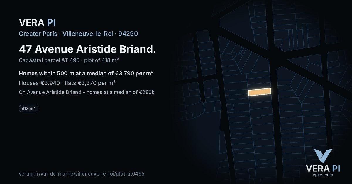 47 Avenue Aristide Briand, Villeneuve-le-Roi at night – the plot lit, the parcels around coloured by the prices near them