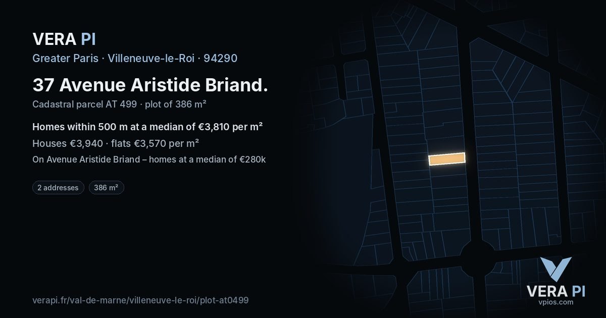 37 Avenue Aristide Briand, Villeneuve-le-Roi at night – the plot lit, the parcels around coloured by the prices near them