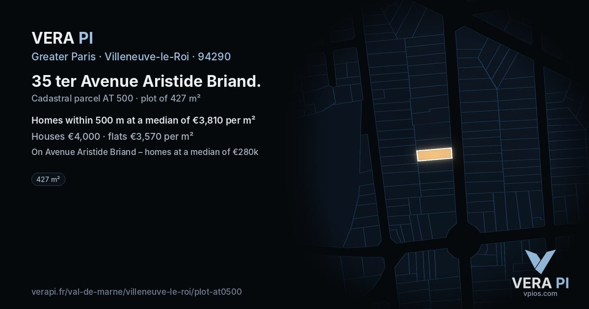 35 ter Avenue Aristide Briand, Villeneuve-le-Roi at night – the plot lit, the parcels around coloured by the prices near them