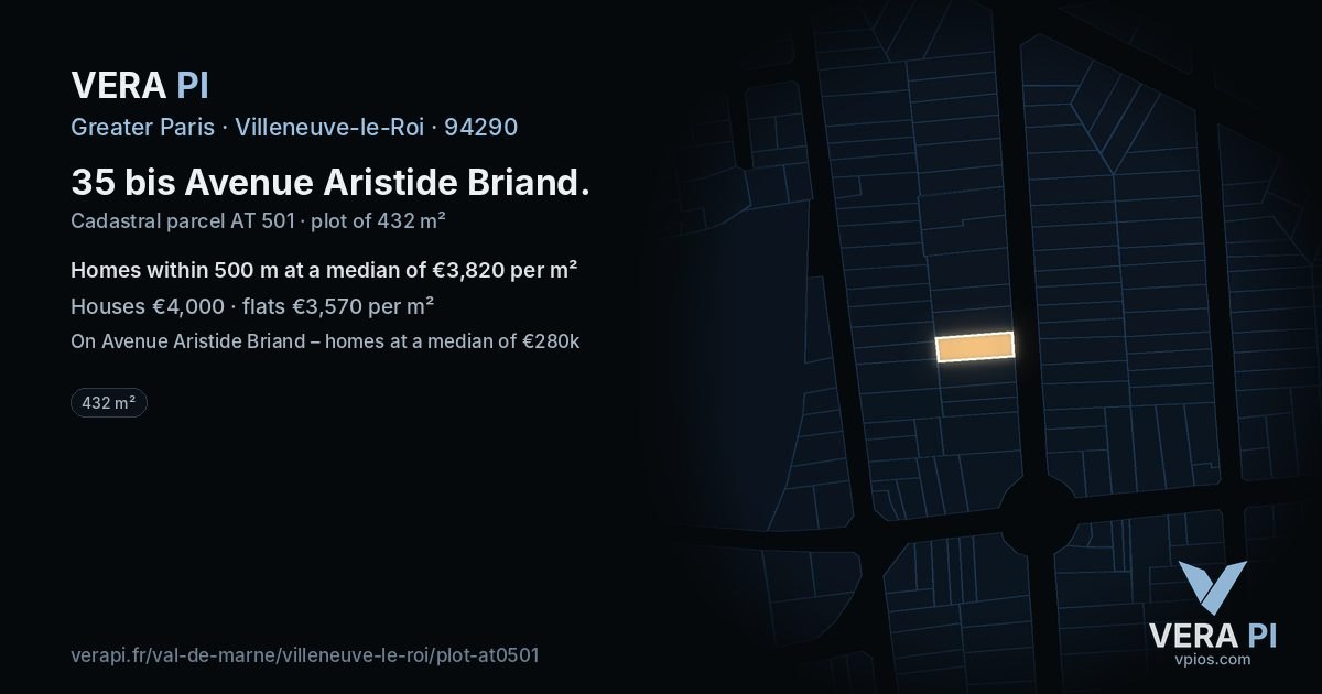 35 bis Avenue Aristide Briand, Villeneuve-le-Roi at night – the plot lit, the parcels around coloured by the prices near them
