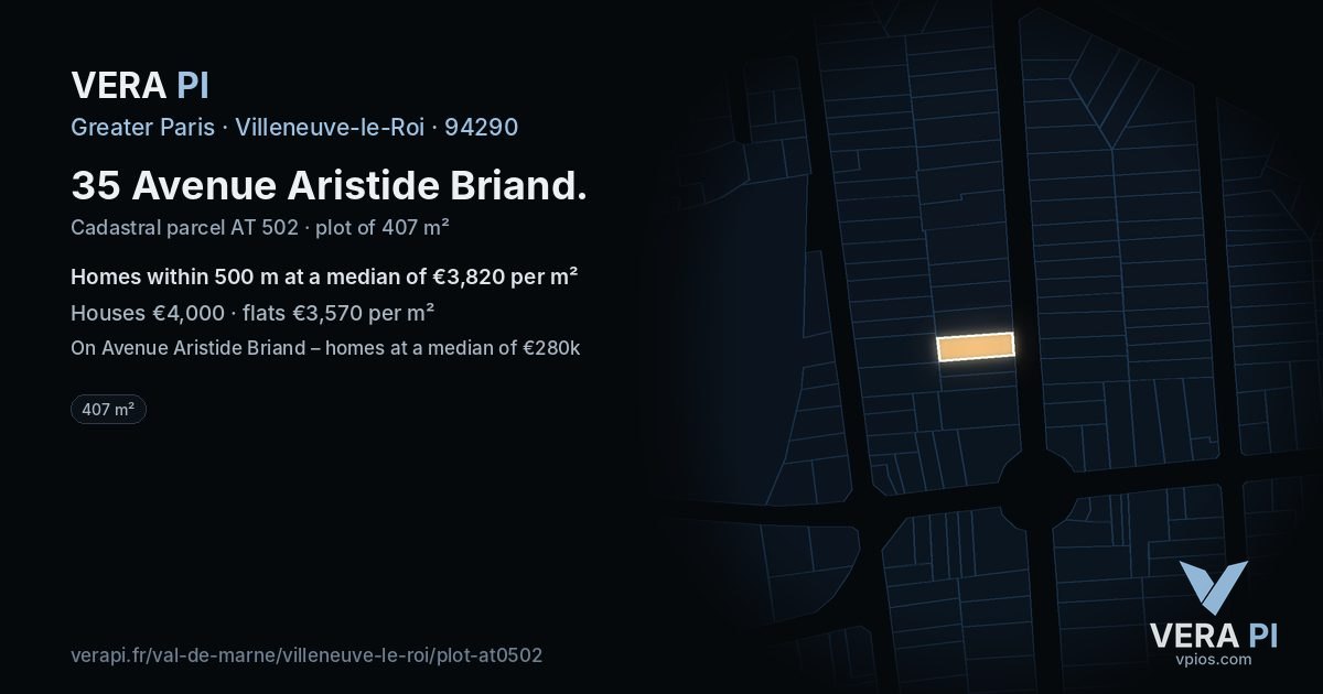 35 Avenue Aristide Briand, Villeneuve-le-Roi at night – the plot lit, the parcels around coloured by the prices near them