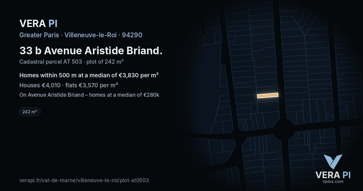 33 b Avenue Aristide Briand, Villeneuve-le-Roi at night – the plot lit, the parcels around coloured by the prices near them