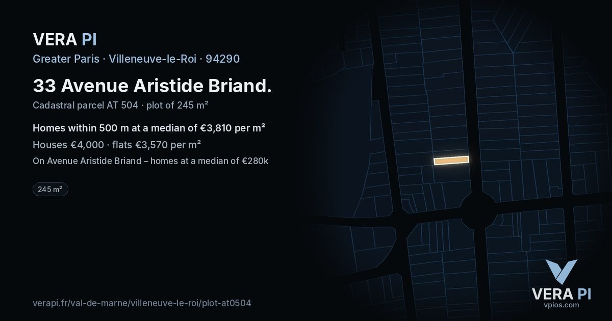 33 Avenue Aristide Briand, Villeneuve-le-Roi at night – the plot lit, the parcels around coloured by the prices near them