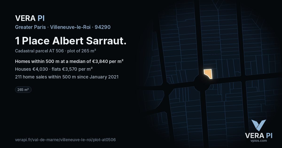 1 Place Albert Sarraut, Villeneuve-le-Roi at night – the plot lit, the parcels around coloured by the prices near them