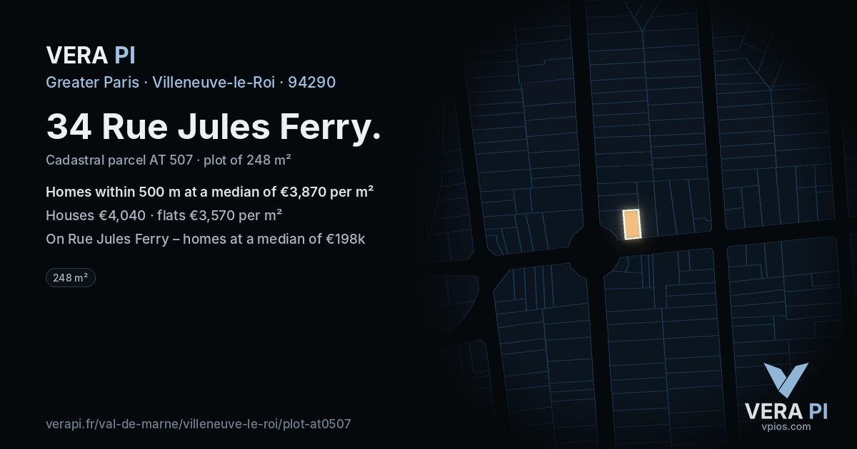 34 Rue Jules Ferry, Villeneuve-le-Roi at night – the plot lit, the parcels around coloured by the prices near them