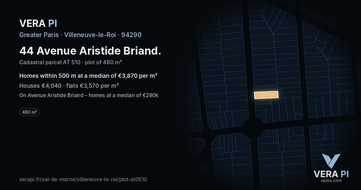 44 Avenue Aristide Briand, Villeneuve-le-Roi at night – the plot lit, the parcels around coloured by the prices near them