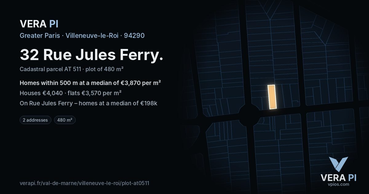 32 Rue Jules Ferry, Villeneuve-le-Roi at night – the plot lit, the parcels around coloured by the prices near them