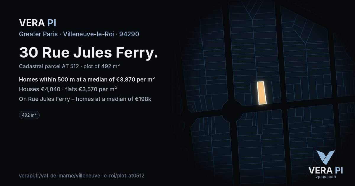 30 Rue Jules Ferry, Villeneuve-le-Roi at night – the plot lit, the parcels around coloured by the prices near them
